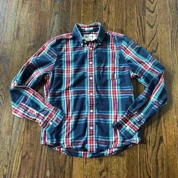Abercrombie kids Boys XL Muscle-Fit Blue/Red/Green Plaid Button-Down - VGUC - Picture 1 of 9